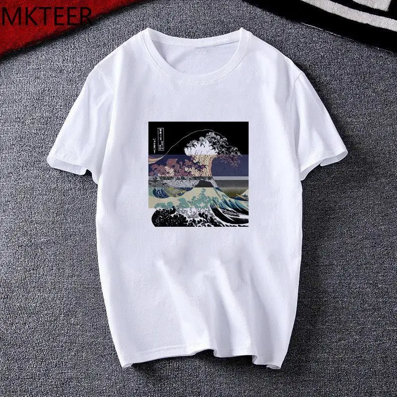 

Vaporwave Harajuku The Great Wave Off Glitch Print T Shirt Men Women Hip Hop Color Fashion Male Tops Japanese Men's T-shirt