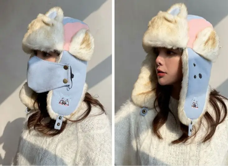 Шапка с вышитыми ушками Lei Feng Русская женские шапки-бомберы Толстая теплая