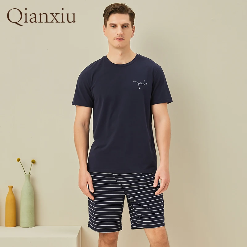 

Пижама Мужская в полоску, Модный комплект с круглым вырезом, шорты с коротким рукавом, Освежающая Домашняя одежда, темно-синий цвет, на лето