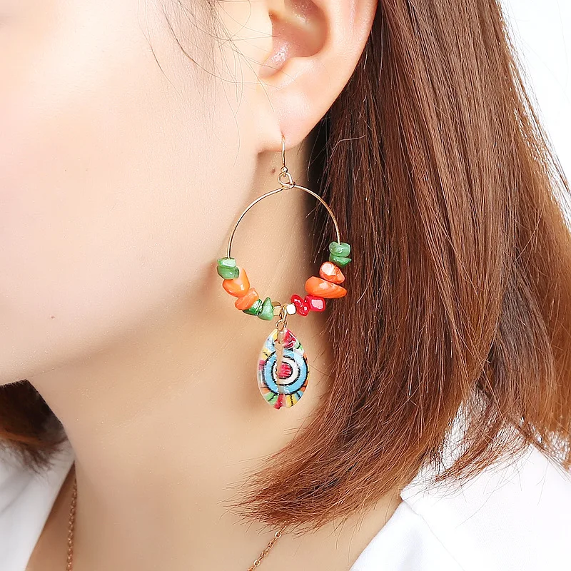 2019 New Arrival Bohemian Colorful Seadbead Cowrie Shell Drop Hoop Earring Natural Stone Jewelry for Women Girls | Украшения и