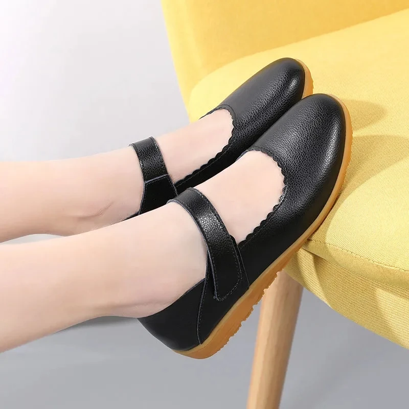 

Black Leather Flats Women Mary Jane Shoes Casual Soft Sneakers Female Loafers Hook & Loop Strapy Shoes For Summer Big Size 9