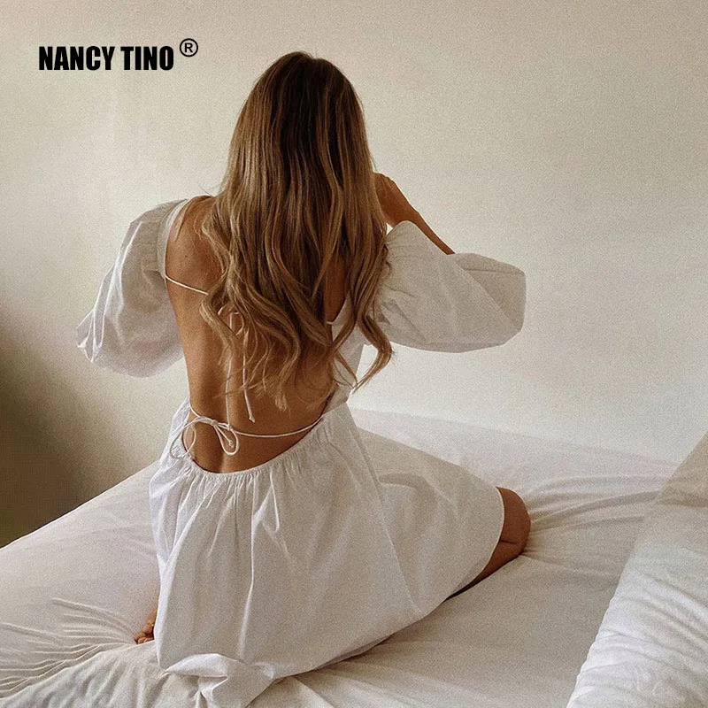 

Ladies Summer Dress Fashion White Elegant Princess Sleeve Halter Party Beach Dress Vacation Casual Mini Dress White Dress