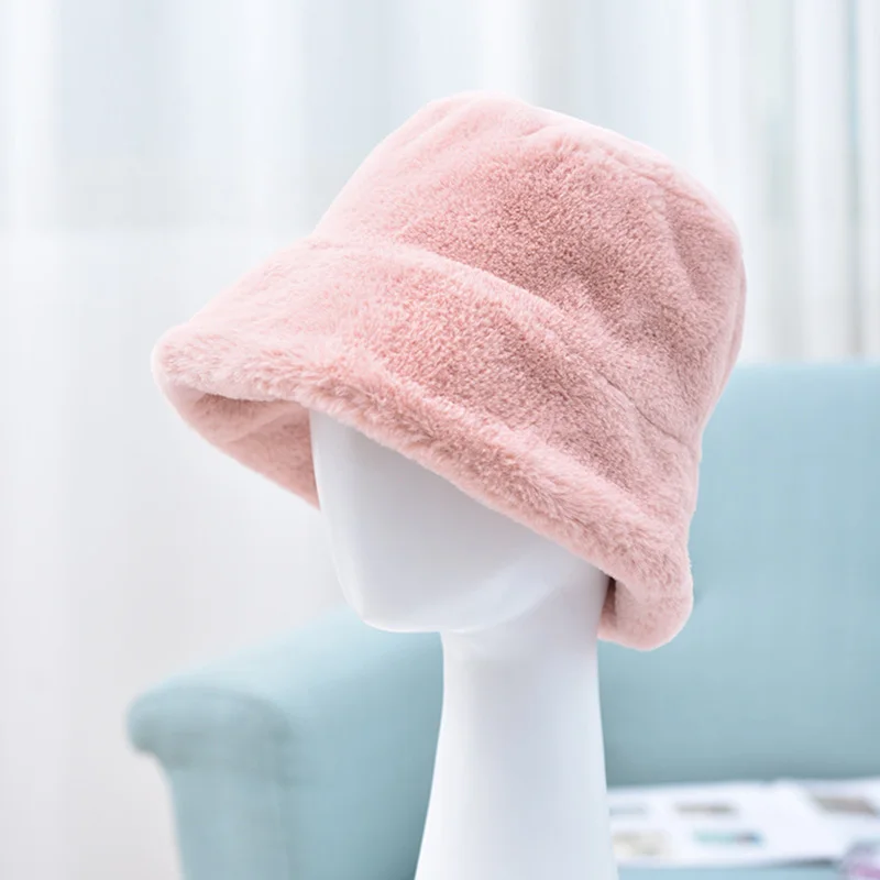 Faux Fur Winter Bucket Hat For Women Girl Fashion Solid Thickened Soft Warm Fishing Cap Outdoor Lady Plush Fluffy Panama Caps