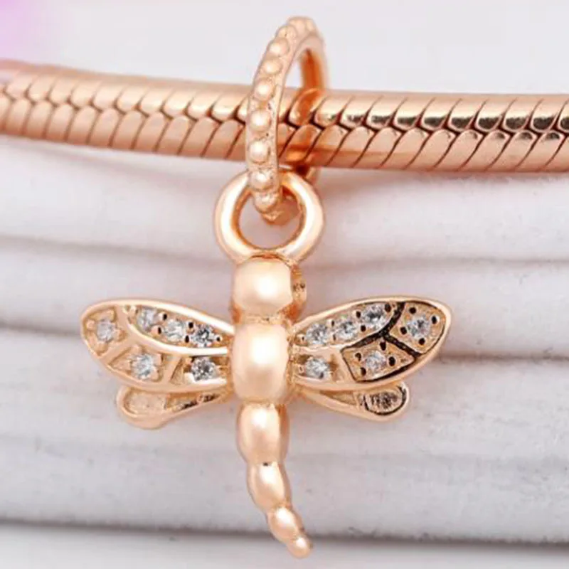 

2020 New 925 Sterling Silver Charm Rose Gold Glittering Dragonfly Pendant Fit Pandora Women Bracelet & Necklace Diy Jewelry