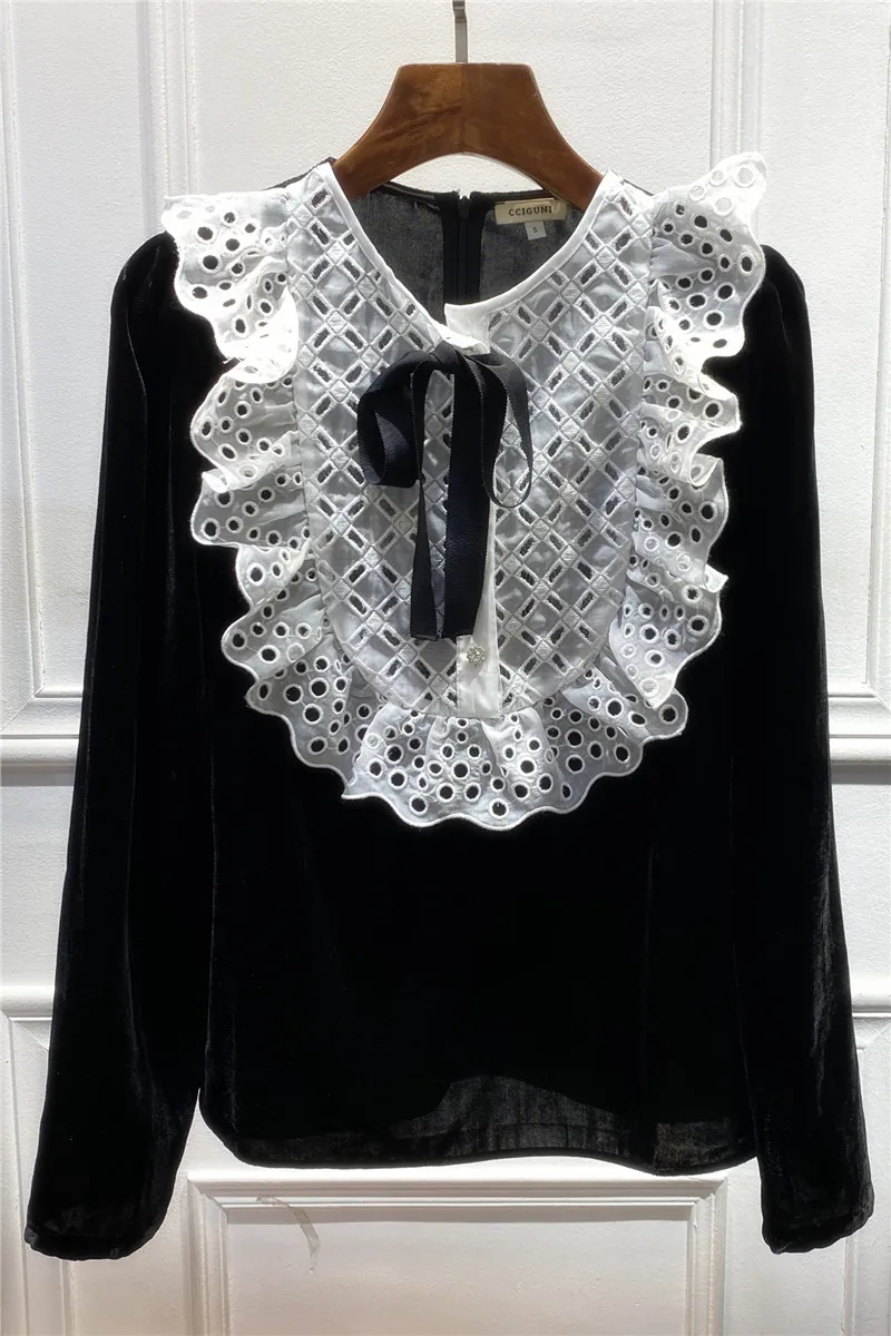

European spring 2021 new women's clothing embroidery stitching with long sleeves silk velvet temperament to