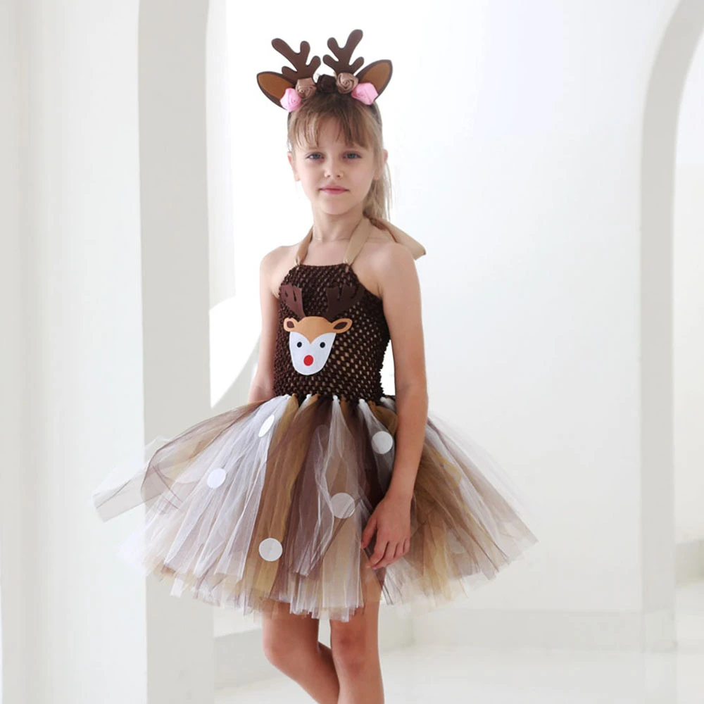 

Baby Girls Christmas Deer Dress with Headband Kids Clothes Girls Dresses Children Tulle Tutu Dress Kids Party Cosplay Costume