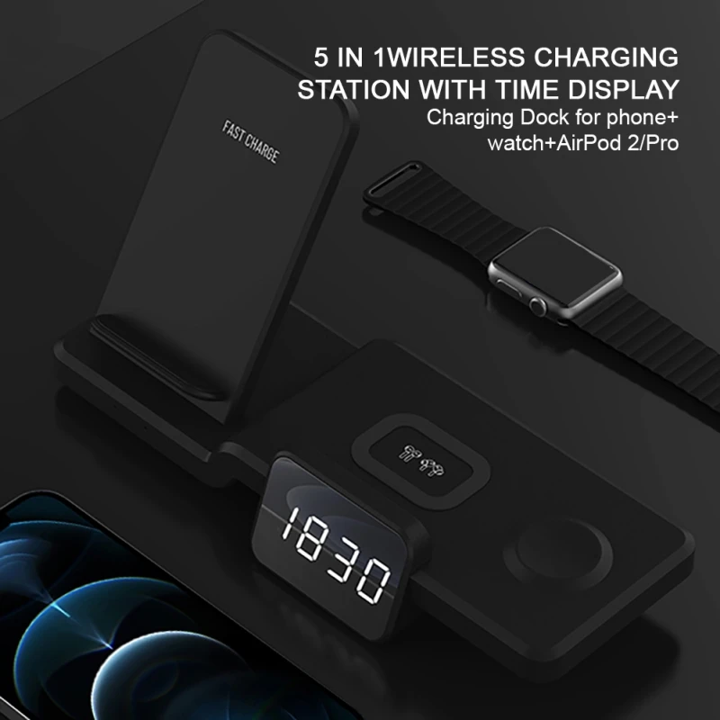 

Greatlizard 15W Wireless Charger Station With Digital Display Clock 4 In 1 For Apple Mobile Phone Watch Headset Vertical