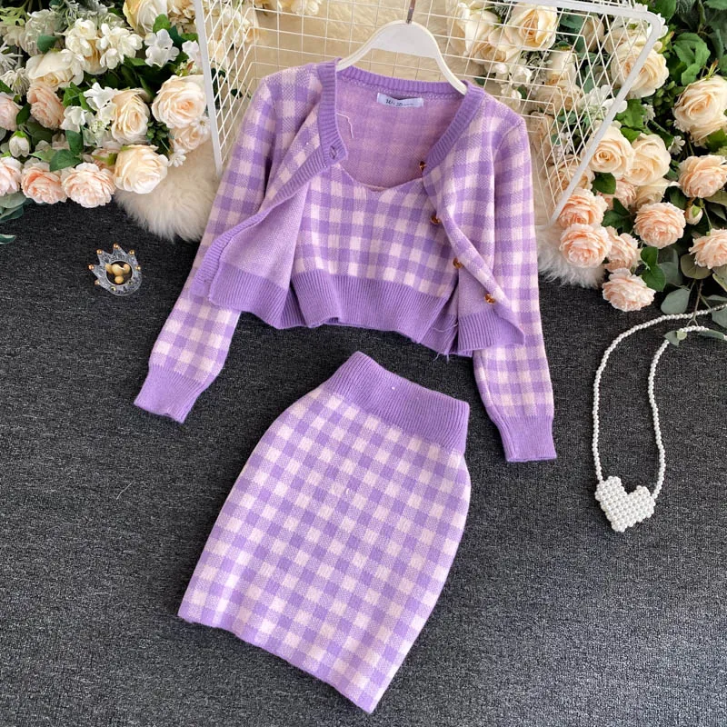 

2021 Autumn Fashion Temperament New Age Slimming Suit Women's Plaid Camisole Knit Cardigan Short High Waist Skirt KK1290