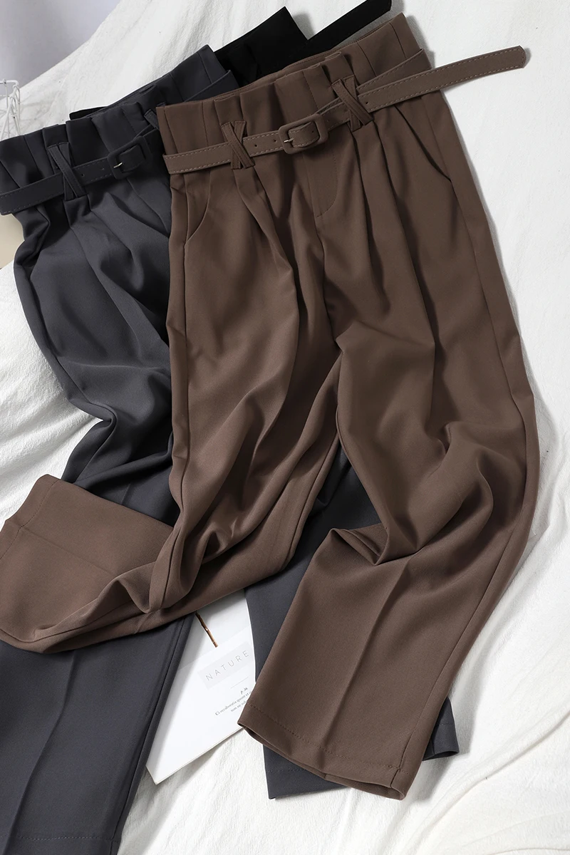 

New buds high-waist straight-leg pants Office lady comfortable suit pants for women casual pants with belt trend Full Length