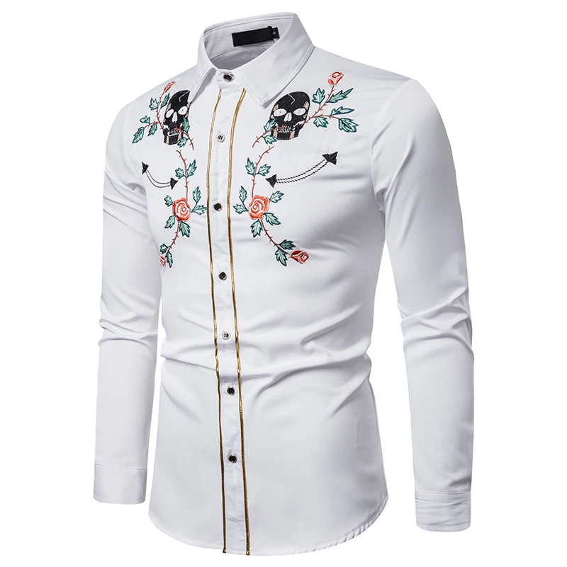 MJartoria новые мужские западные череп ковбоя цветок вышивка рубашка Slim Fit повседневные Длинные рукава пуговицы вниз вечерние мужские рубашки