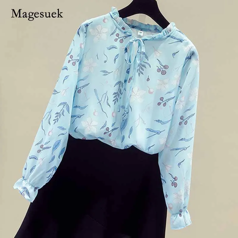 

Long Sleeve Lace-up Floral Chiffon Blouse Pullover Women's Shirt All-match Printed Top Female New Autumn Women Clothes 11147