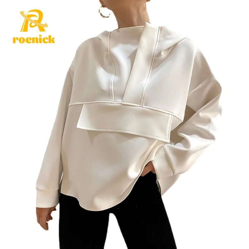 

ROENICK Women Hoodies Plus Size Hoodies Sweatshirt Asymmetric Hem Black White Long Sleeve Tops Autumn Loose Pullover Streetwear