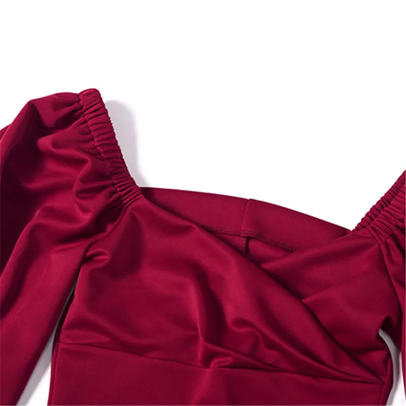 2019 осень Офисные женские туфли с буффами на рукавах платье миди квадратным