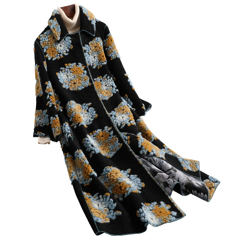 

Женское пальто из натурального меха, осенне-зимнее пальто из овчины, женская одежда, Корейская куртка из 100% шерсти с цветочным принтом для ж...