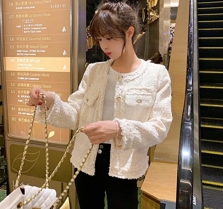 

Tweed Coats For Women O Neck Long Sleeve Hit Color Open Stitch Autumn Winter Jacket Female Fashion 2021 New