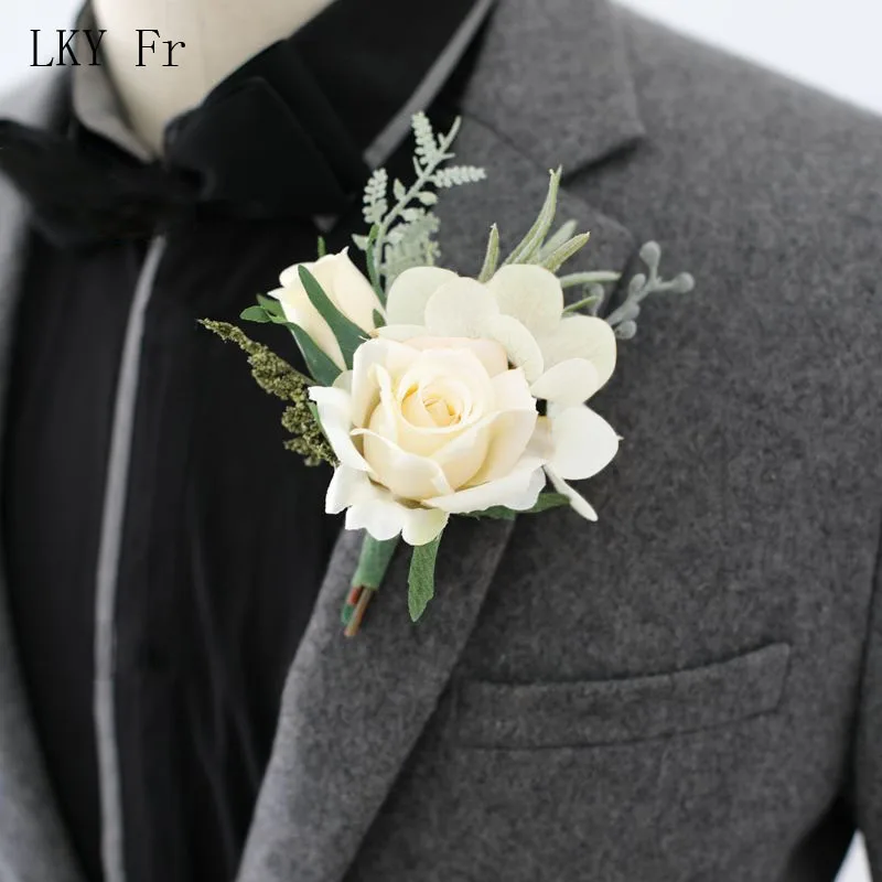 LKY Fr Boutonnieres Flowers Artificial Red Roses Silk Ivory Corsage Buttonhole Groomsmen Boutonniere for Men Wedding Accessories