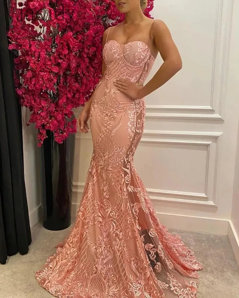 

Women Elegant Embroidery Lace Spaghetti Strap Sheer Mesh Party Dress