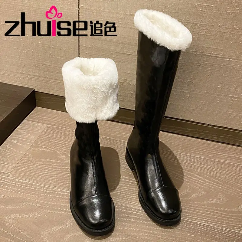 

Xiaoxiang snow boots women's fur one new style 2021 is thin but knee leather boots women's thick legs and big circumference