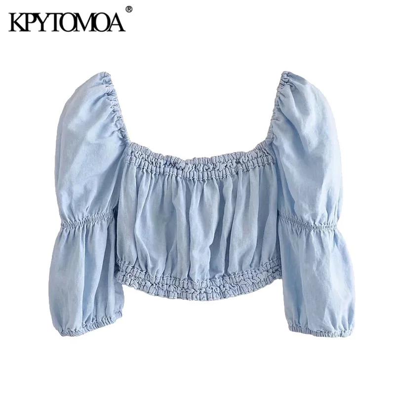 

KPYTOMOA Women 2021 Fashion With Elastic Trim Cropped Linen Blouses Vintage Short Sleeve Backless Tied Female Shirts Chic Tops