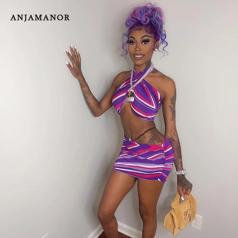

ANJAMANOR точка полосатый принт сексуальный 3 предмета Комплекты Женские Летние Клубные наряды 2021 пляжный отдых в комплекте комплект с юбкой и ф...