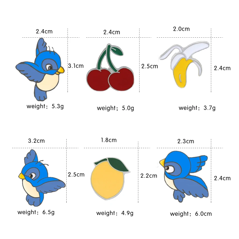 Cute Blue Birds Cartoon Fruits Brooch Banana Cherry Peach Enamel Pin Women Jackets Lapel Pins Hat Kids Bag Metal Badges Jewelry