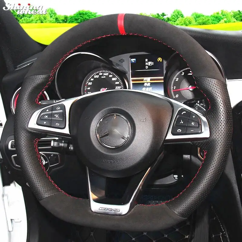 

Hand-stitched Black Suede Black Genuine Leather Steering Wheel Cover for Mercedes-Benz C200 C250 C300 Sport CLA220 B250 A200
