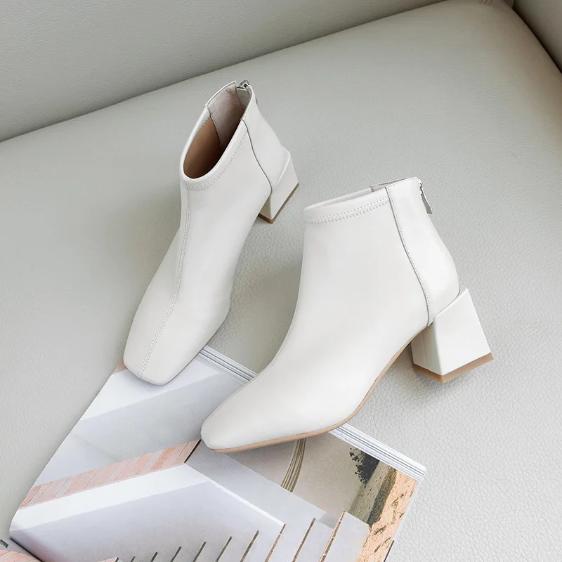 

Genuine Cow Leather Martin boots women's square toe short boots women's zipper thick with nude mid-heel ankle boots