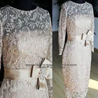 Платье для матери невесты цвета шампанского, свадебное кружевное короткое платье-футляр с бантом и длинными рукавами, формальное платье на заказ