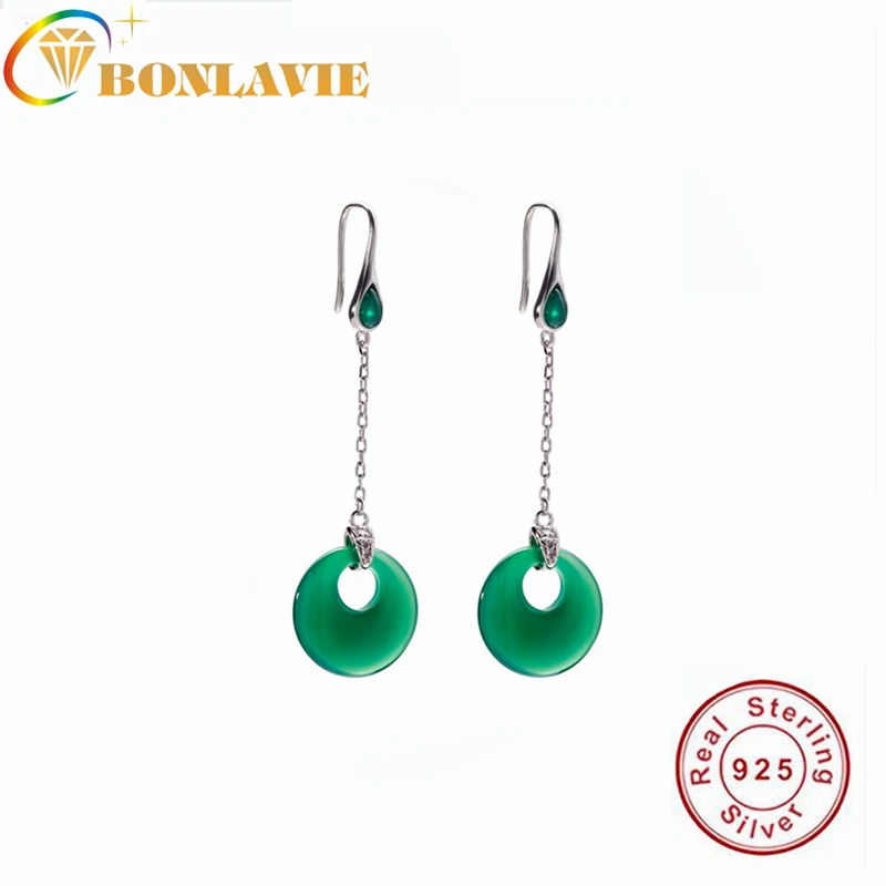 Серьги BONLAVIE S925 из чистого серебра с зеленым нефритом женские длинные серьги