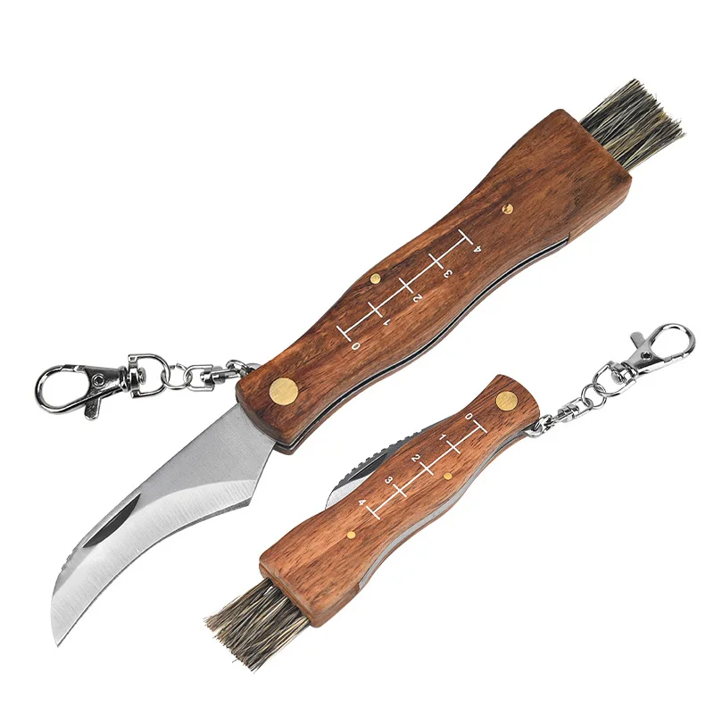 Sharp Mushroom Picking Knife Hard Stainless Steel Blade Wooden Handle Outdoor Camping Multifunctional Folding Knife With Brush