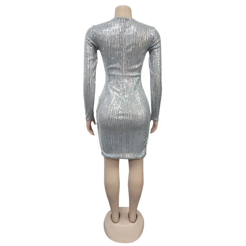 

Sparkly Sequin Sexy Club Dresses Women Long Sleeve Front Hollow Out Ruched Bodycon Dress Plus Size Ladies Short Bandage Dress
