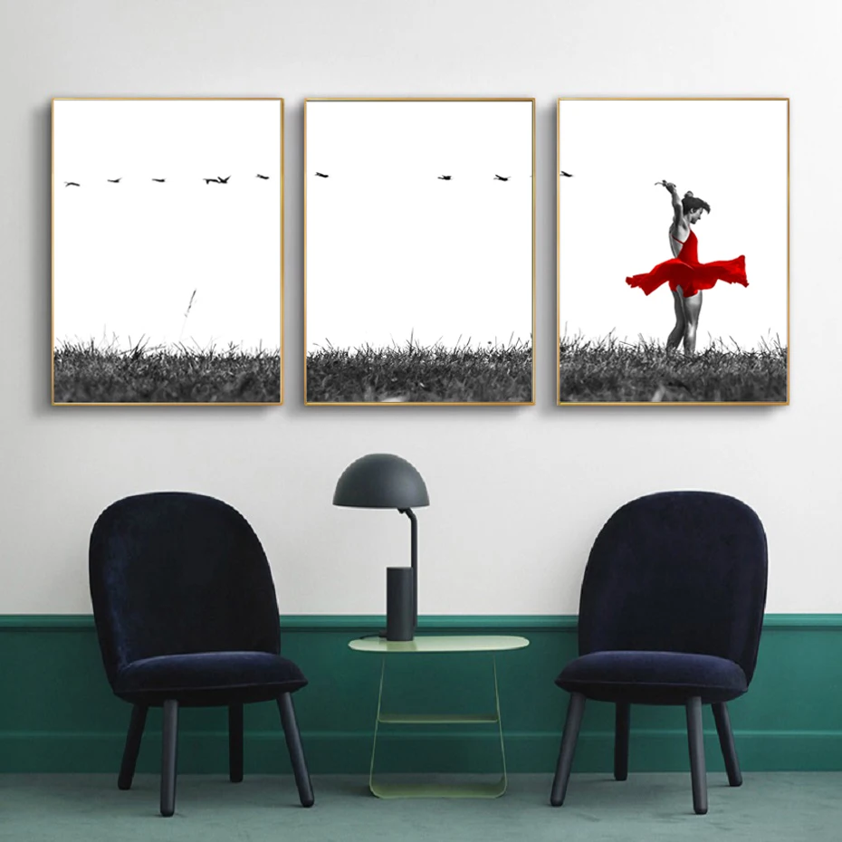 

Minimalist Black White Dancing on Grass Wall Art Canvas Paintings Red Art Wall Art Prints and Posters Living Room Home Decor
