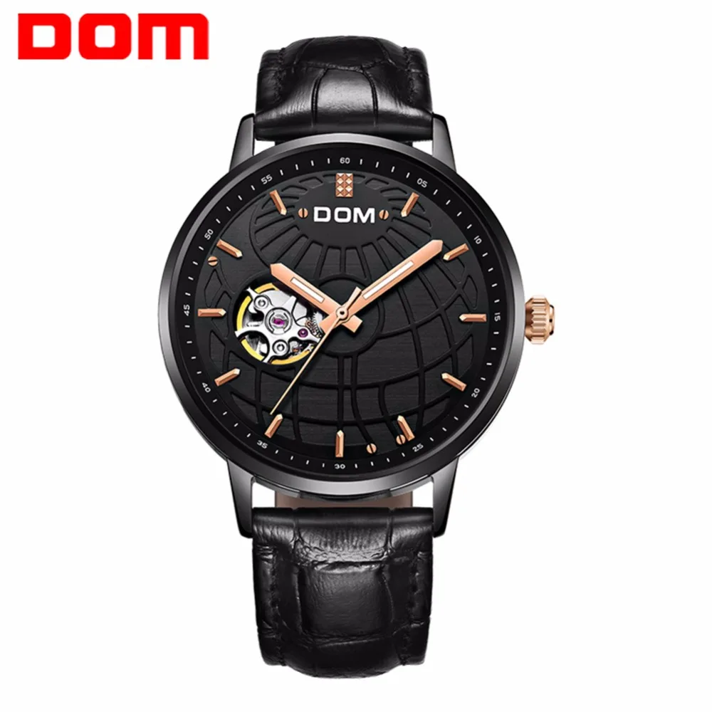 

Новые роскошные брендовые японские механические часы DOM, черные кожаные часы, винтажные элегантные водонепроницаемые часы с скелетом, Relogio