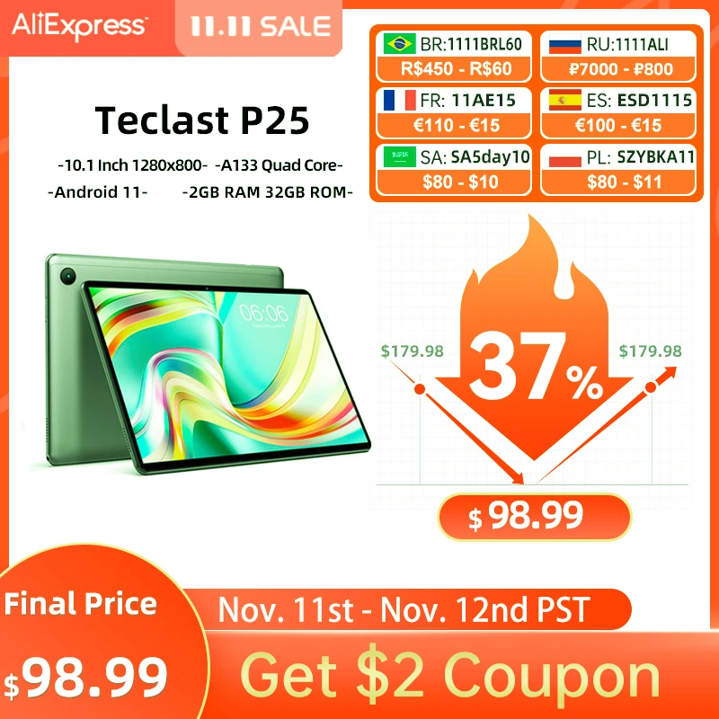 

Планшет Teclast P25 на Android 11, четыре ядра, экран 10,1 дюйма, 2 ГБ + 32 ГБ