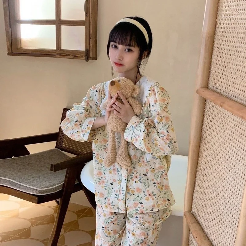 QWEEK Womens Two Piece Sets Korean Flowers Pajamas Loose and Comfortable Sailor Collar Pijamas Girls Home Clothes Spring Autumn