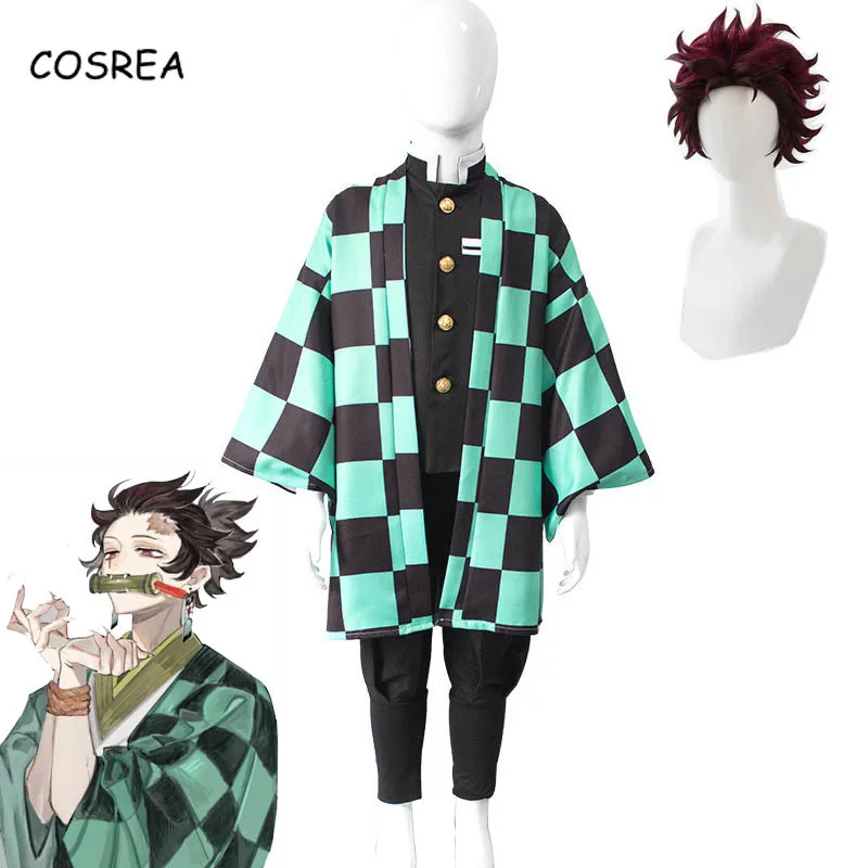 

Demon Slayer Kimetsu no Yaiba Cosplay Kamado Tanjirou Costume Kids Shirt Pants Uniforms Kimono Coat Kimono Full Set Wig Children