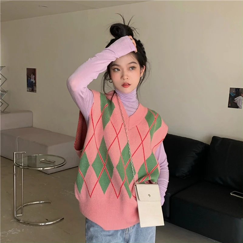 Женские контраст Алмаз жилет с рисунком свободные Джемпер треугольным воротом