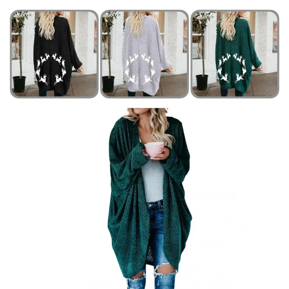 

Knitted Coat Autumn Winter Sweater Coat Simple Mid-Length Fashion Christmas Print Pockets Sweater Cardigan