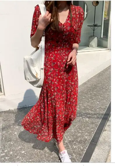 

A Line Temperament Lady Chiffon Floral Print Dress Long Vintage Dresses Red Hot Woman Fashion Korean Style Design Slim