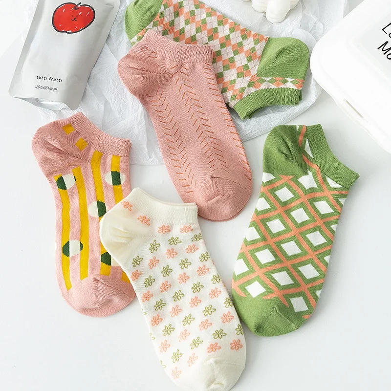 

2022 весенние летние носки тонкие носки Ins розовые цветочные ромбовидные носки Симпатичные носки-лодочки с закрытым ртом дышащие хлопковые н...