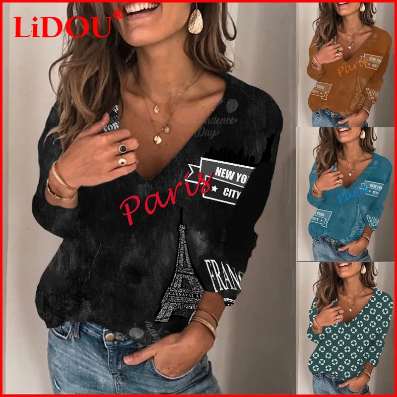 

Women's Clothing with Free Shipping Aesthetic V-neck Long Sleeve Printed Oversized T-shirt Autumn Vintage Casual Loose Pulovers