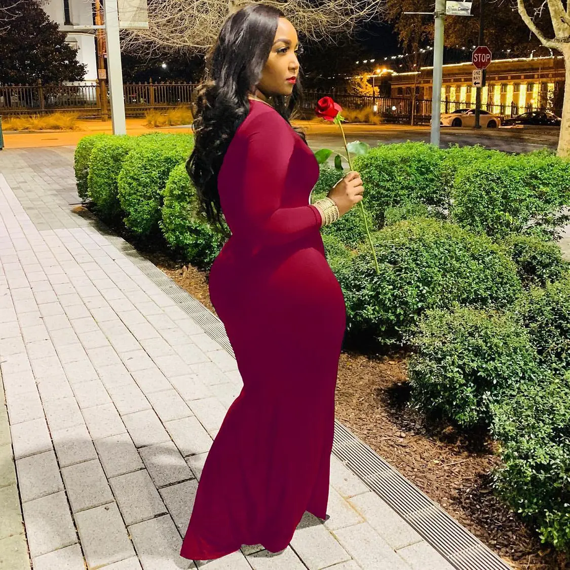 

Oversize Contrast Color Spade Q Print Summer Women Long Dress Elegant Floor-Length Slim Bag Hip Long Sleeves Ladies Maxi Dresses