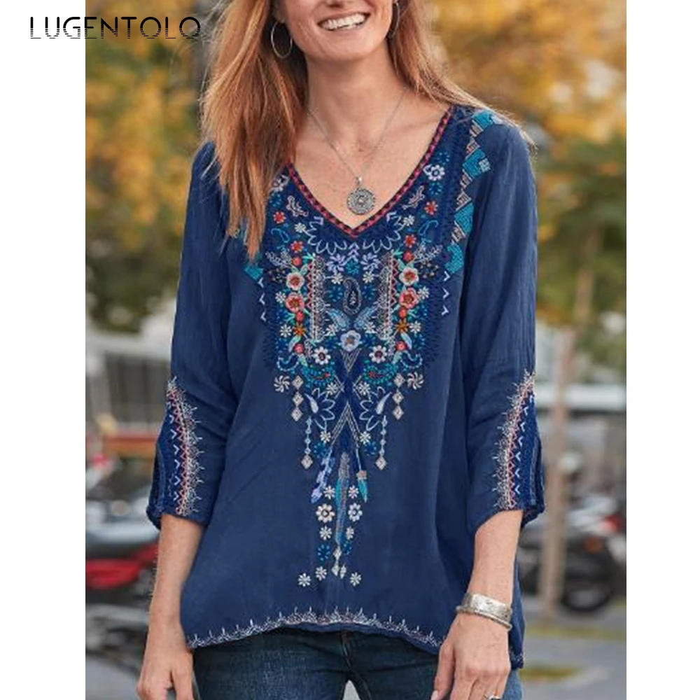 

Lugentolo Blouses Women Embroidery Print Three Quarter Sleeve V-Neck Plus Size Autumn New Fashion Womens Tops