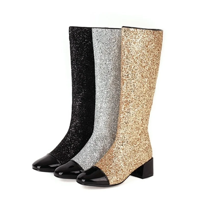 

boots medium heel high boots Sequin women's