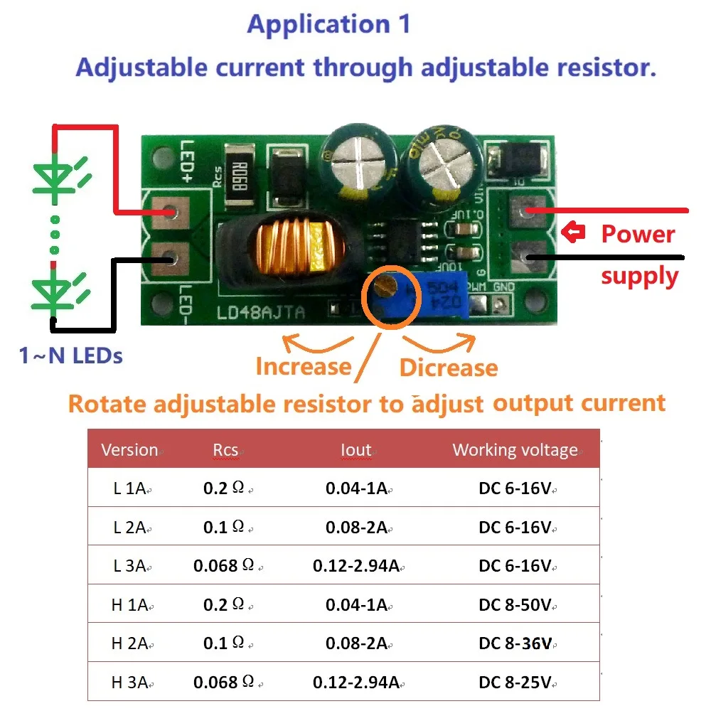 

72W DC 6-50V 1-3A Adjustable LED Driver PWM Controller DC-DC Step-down Constant Current Converter