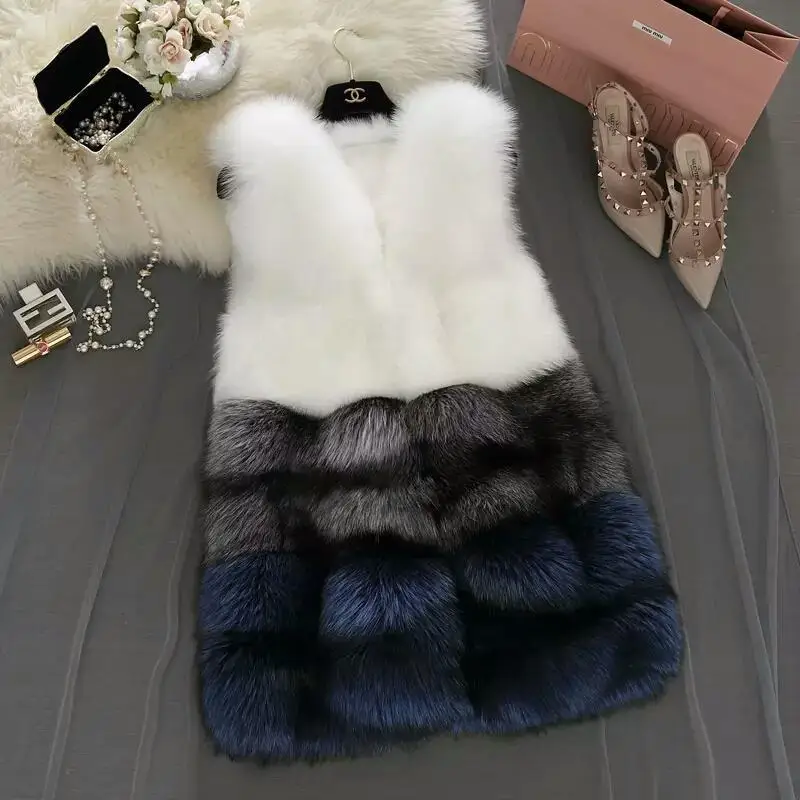 2021 Women Winter New Faux Fur Sleeveless Jackets Female Long Fake Fox Fur Vest Ladies Warm h Patchwork Waistcoat Y553