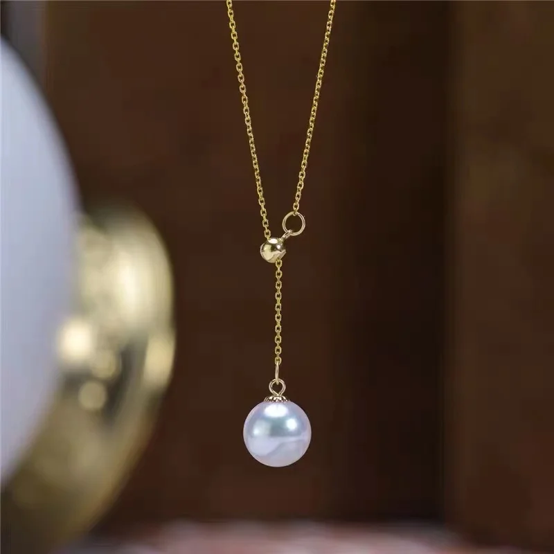 

18K Solid Yellow Gold Jewelry(AU750) Women Passepartout Necklace Fashion Lady Jewelry Girl Y Chain Premium Natural Pearl Pendant