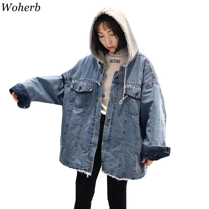 Woherb Весна Harajuku джинсовая ткань оверсайз куртка Корейская Свободная с капюшоном