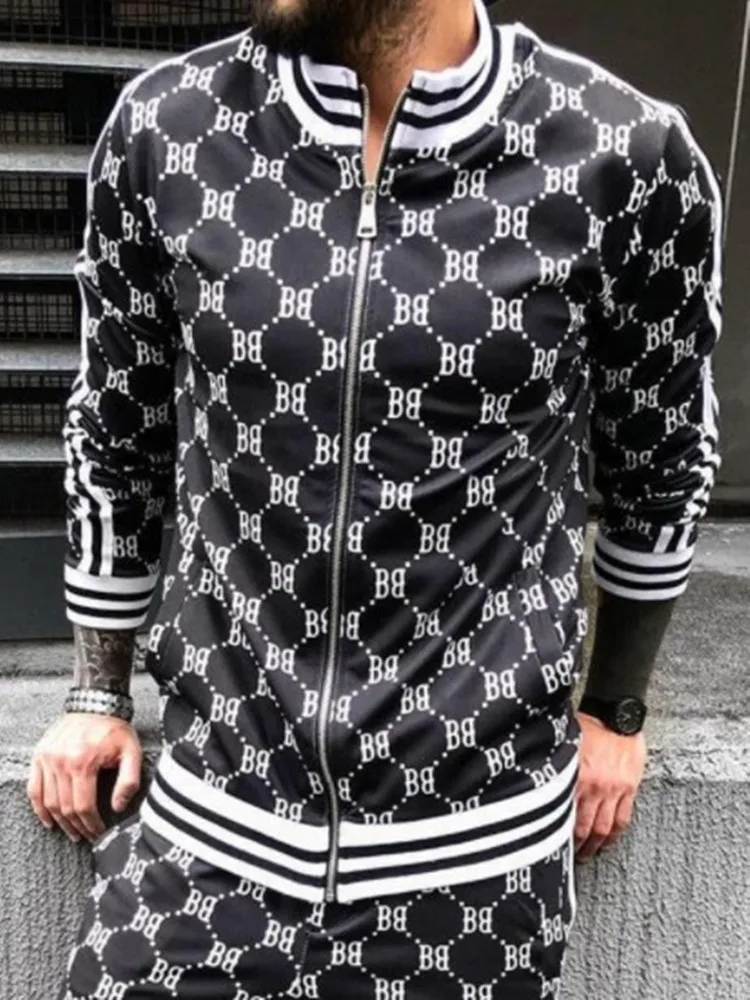 

2021 European American Men's Casual Sportswear Autumn New Stand-Up Collar Zip Cardigan JacketGrid Suits M-3XL