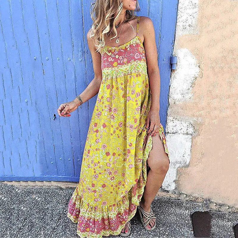 

WEPBEL 2021 Summer Women's Fashion Boho Spaghetti Strap Long Dress Sexy Beach Dress Floor-Length Casual O-Neck Sleeveless Dress
